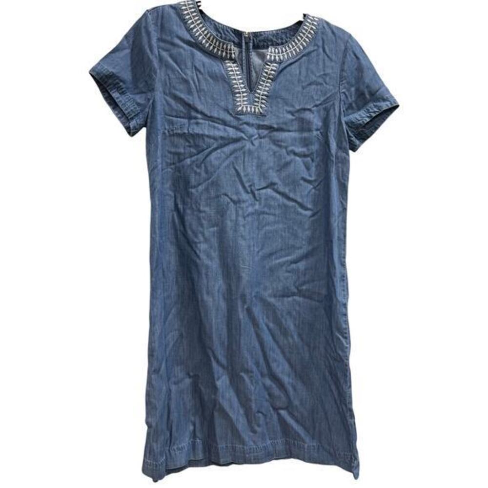 Talbots chambray blue shift dress split neck with white embroidery sz 8